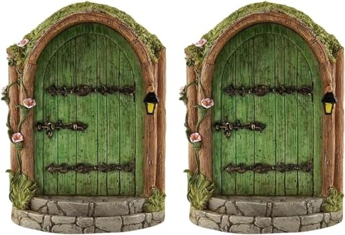 Lot de 2 portes de jardin miniatures en bois vert - Mini nain de fée - Accessoires pour tronc d'arbre, décorations de jardin, sculptures et statues d'extérieur