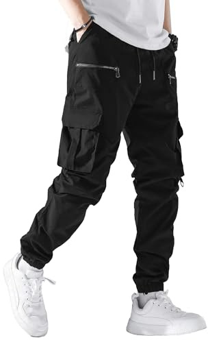 PLEPAN Mens Cargo Pants Elastic Waist Drawstring Casual Joggers Hiking Workout Tapered Sweatpants with Multi Pockets, Black, XL