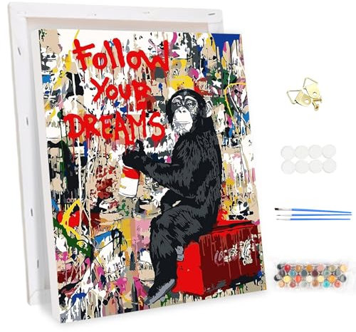 MEIYUDA Malen Nach Zahlen Erwachsene mit Rahmen, Diy Set Erwachsene Monkey Street Graffiti Bastelset, 3 Pinsels Und Acrylfarbe Diy Handgemalt öLgemäLde Kit Als Geschenk und Home Haus Deko 30x40cm