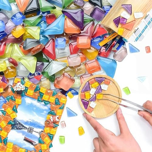 Basicon 400g Glas-Mosaiksteine - Verschiedene Formen, Glitzer, Kleine Bunte Unregelmäßige Kristall Fliesen für DIY Handgemachtes Dekor