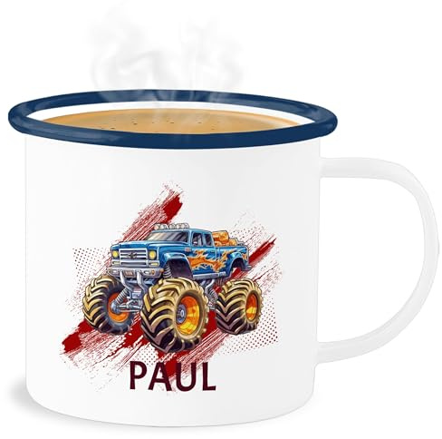 Emaille Becher Blechbecher - Auto - Monstertruck mit Name | Monster Truck Personalisiert | Riesentruck - 300 ml - Weiß Blau - tasse kinder cars automotiv kaffeebecher für kind autos motiv mug
