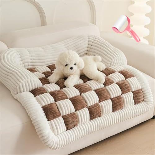 PFHHUDCV Fluffy Fuzzy Calming Dog Bed Sofa Protector Pet Mat,Cream Square Plaid Plush Dog Mat Furniture Protector Cover,Removable Washable Cozy Dog Couch Furniture Bed (Brown,70cm×70cm)
