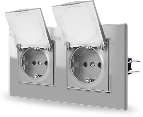 JIMEIDA Doppelsteckdose Unterputz Grau 16Amp Glas Steckdosen mit Wasserdichtem Deckel 157 * 86mm,250V