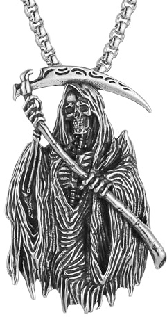 HZMAN Collier avec pendentif Père Noël Muerte pour homme en acier inoxydable gothique Faucheuse sainte mort faucille
