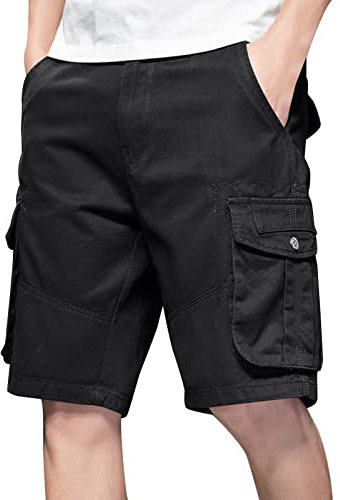Einfarbiges Persönlichkeitsdesign für Herren, einfache Baumwolle, Mode, einfarbig, Nähte, Shorts, Overall, Hose, gewaschene Baumwolle, locker, dünn, mit , kurze Hosen Tontauben Weste (Black, XXL)