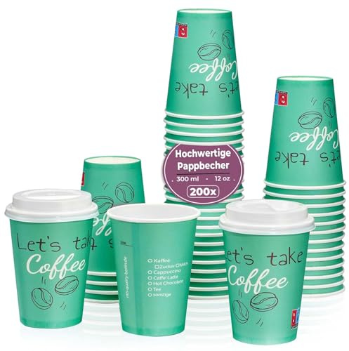 MH QUALITY Kaffeebecher To Go 300ml / 12 Oz - 200 Stück Premium Einweg Pappbecher Ohne Deckel für Kaffee | Hochwertige Coffee To Go Becher | Grün