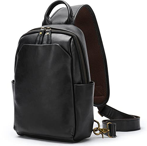BHBYAFASH Crossbody Brusttasche, Männer Schlinge Rucksack Anti -Diebstahl Sling Chest Tasche Vintage echtes Leder Schulter -Crossbody -Tasche Outdoor Sportwanderung Casual Daypack(Schwarz)