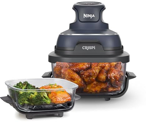 Ninja CRISPi Friggitrice ad Aria Portatile, 3.8L, 4 in 1: Frittura, Cottura Arrosto, Mantiene Cibo Caldo e Croccante, Compatta, 2 Contenitori Vetro Rimovibili, 1700W, Grigio FN101EUGY