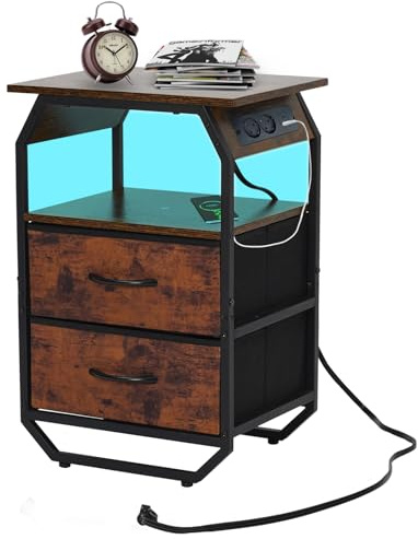 Siairo Table de Chevet avec Bande LED, Station de Recharge avec tiroir, 2 AC et 1 USB et 1 Type C, Table de Chevet dans Le Salon et la Chambre à Coucher, Brun Vintage