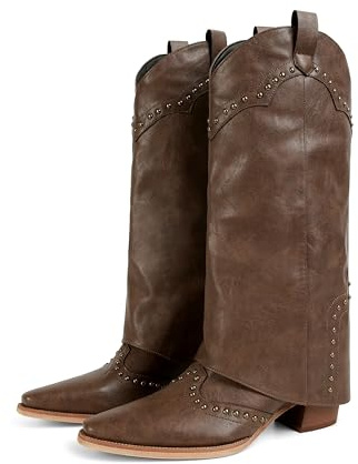 MAIJED Women's Shark Boots Studded Fold Over Mid Calf Chunky Heel Boots Cowboy Cowgirl Slouchy Pull On Boots Brown Size US9
