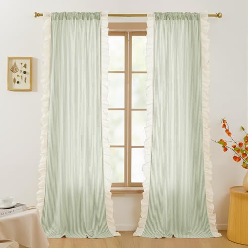 RYB HOME Ruffle Curtains Linen Striped for Living Room, Light Filtering 84 inches Long Window Treatment for Bedroom, Vertical Boho Farmhouse Pinstripe Printed, Sage Green, W52 x L84, 2 Panels