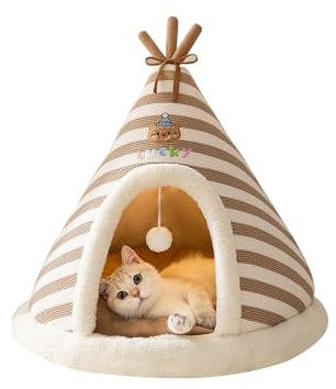 Galatée Katzenhöhlenbett, Süßes Katzenhaus-Hundeiglu Mit Abnehmbarem Kissen, Bequemes Dreieckiges Haustier-Tipi, Warmes Haustiernest Für Verbesserten Schlaf(M, Braun)