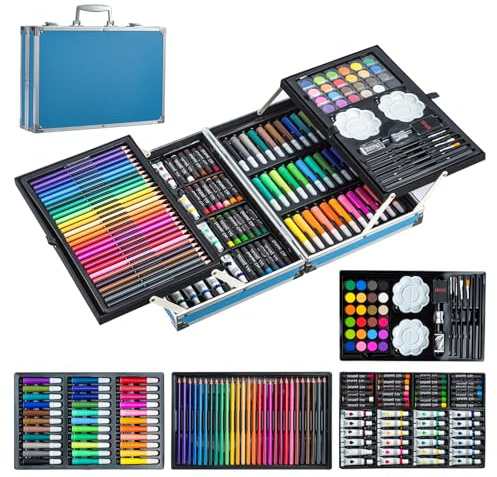 Trintion Malkoffer, 144-teiliges Premium Malset im Aluminium-Koffer für Künstler & Erwachsene, Komplettes Malzubehör mit Aquarellstiften, Buntstiften, Ölpastellen, Farben & Pinseln
