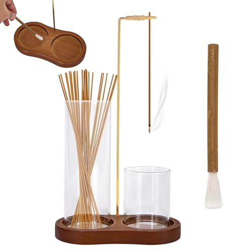 2 in 1 Incense Holder, Upside Down Incense Stick Holders with Ash Removal Brush, Removable Glass Ash Catcher and Wooden Base, Insence-Stick Holder for Yoga, Tea Ceremonies, Meditation, Spa