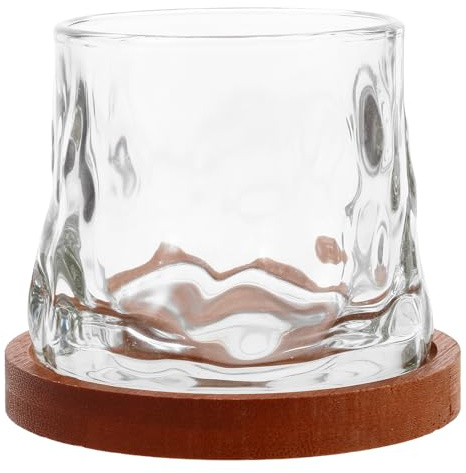 DEARMAMY Bicchieri Whisky Rotanti con Base in Legno da Vetro Trasparente per Cocktail e Whiskey capacità Ampia Design Stabile Antiribaltamento per Bar e Degustazioni