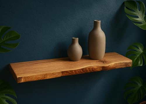Living Oak Wandregal Eiche No.3, Schwebendes Wandregal, Massivholz Eiche, Wandmontage, für Wohnzimmer Küche Schlafzimmer, 20-25cm Tiefe, Verschiedene Längen (100 x 25 cm)