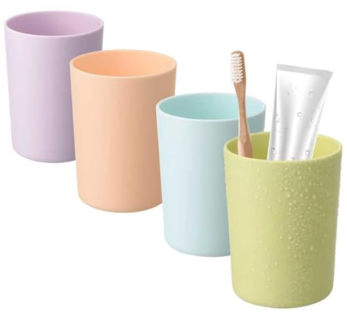 4PCS Bathroom Tumbler Toothbrush Cup, Unbreakable Reusable Drinking Cups, Plastic Mouthwash Cup Toothbrush Holders 250ml (Blue, Pink, Purple, Green)