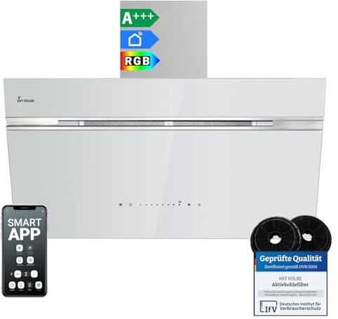 KKT KOLBE Dunstabzugshaube Wandhaube AURORA9005WED, 90 cm kopffrei | 782 cbm/h, Abluft und Umluft, Glas, weiß und silber, SensorTouch-Bedienung, RGBW-LED-Beleuchtung, Smart-WiFi-App, WLAN