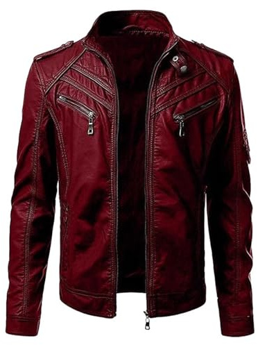 Hel dragkedja herrjackor höst vinter stående krage PU-läder rockar herrtröjor långärmade skjortor mode vardaglig rock trendig vintage dragkedja jacka, vin, XXL