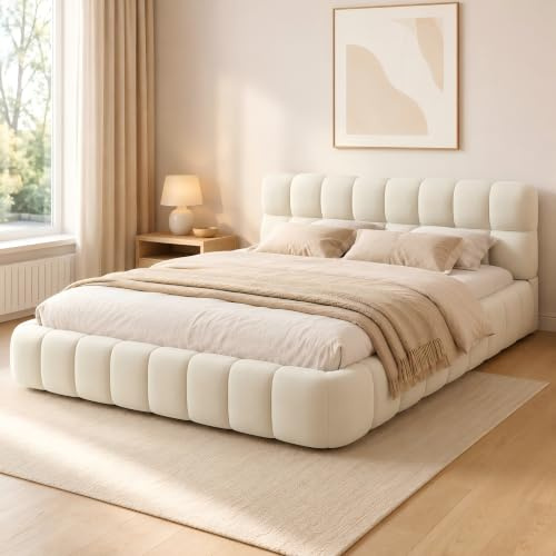 BSCFHCZ Polsterbett 140 x 200 cm, Bubble Bett Betten 140 x 200 mit Lattenrost, Jugendbett Flachbett Bettgestell, Rückenlehne Bettgestell,Wolkenbett Bett, Ohne Matratze(Beige + Leinen, 140x200cm)