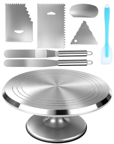 Tortenplatte Drehbar 30 cm aus Alu, Tortendrehteller Drehbare Tortenplatte Set mit 360° Leiser Rotation Rutschfester Stand, Tortendrehscheibe Kuchen Drehteller Tortenzubehör Set mit Glättern & Spatel