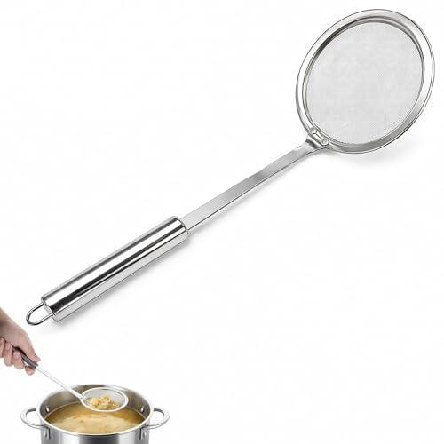 Skimmer Spoon, Oil Fat Frying Skimmer Separator Spoon Scoop Strainer | Long Handle for Skimming Cooking Frying Grease Gravy and Foam, Stainless Steel