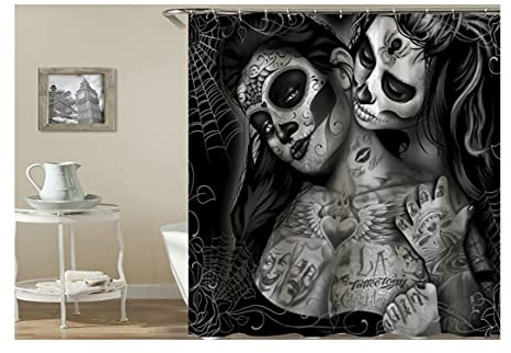 KnSam Duschvorhang 120x180 cm Schwarz Textil, Tattoo Duschvorhänge Badewanne Anti-schimmel Trocknet Schnell Waschbar Hochwertig Polyester 1.2 x 1.8m Lang mit 12 Ringen