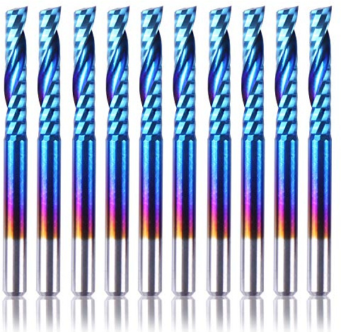 SainSmart Genmitsu 10Pcs Nano Blue Coat Flat Nose End Mill CNC Router Bits, 1/8 Shank Spiral Upcut Single 1 Flute End Mill Set (3.175 x 17 x 38mm)