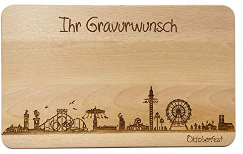 SNEG Brotzeitbrett Oktoberfest München Skyline | Wiesn Frühstücksbrett aus Buche | Holz Schneidbrett | Geschenk mit Gravur (Brett L (26x16x1,5cm), 2. mit persönlicher Gravur)