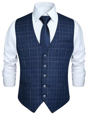 HISDERN Manner Formale Hochzeitsfeier Weste Baumwolle Plaid Kleid Anzug Weste für Herren