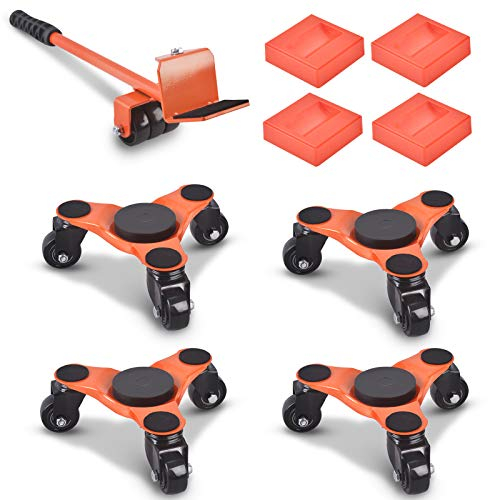Ronlap 6-Inch Steel Tri-Dolly, 3-Wheel Furniture Mover's Dolly with Lifer, Heavy Furniture Moving Rollers, 200 KG Capacity 4 Pack (Orange)