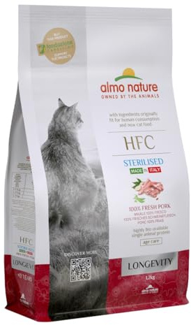 Almo Nature HFC Longevity Sterilised - kattkibble med gris ursprungligen ren för mänsklig konsumtion och används nu som kattmat
