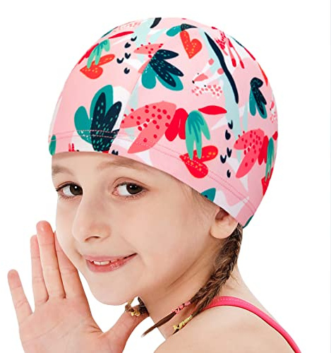 Girls Swim Cap Cute Swimming Cap for Girls Age 1-5 Years Breathable Polyester Cloth Swim Hat Lightweight Bathing Caps for Long and Short Hair (Not waterproof)