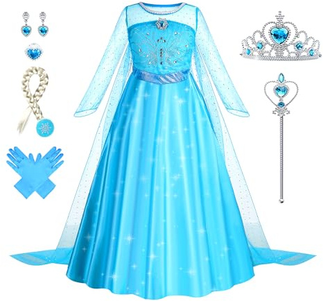Foierp Elsa Kostüm Mädchen: 9-teiliges Set Elsa Kleid mit Krone Diadem Zauberstab Handschuhe für Halloween Cosplay Weihnachten Geburtstag Party