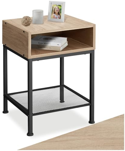 tectake® Nachttisch, Beistelltisch Couch mit offenem Fach und Gitterablage, Pflanzenständer, Möbel Deko Schlafzimmer, Nachtschrank, Wohnzimmer Möbel, Zimmer Deko - Industrial Holz hell, Eiche Sonoma