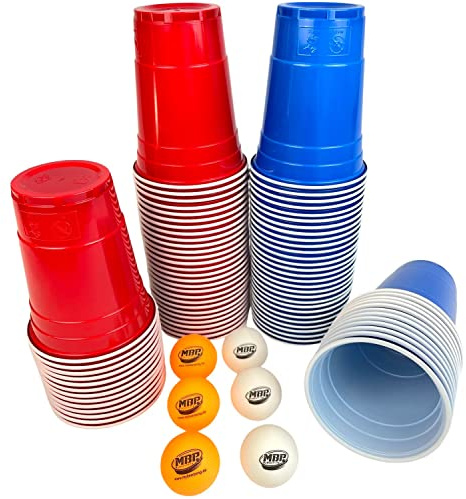 MBP My Beer Pong Beerpong Becher Set 50 Rot + 50 Blaue Becher + 3 Bälle in Orange + 3 Bälle Weiss US Becher 16 oz (473ml) - Wiederverwendbar - Spülmaschinfest