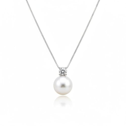 Collana con Pendente Perla da 10 mm e Punto Luce da 4 mm, realizzata in Argento Sterling 925 Rodiato Argento