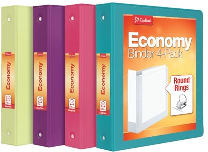 Cardinal Lot de 4 classeurs à 3 anneaux, 3,8 cm, anneaux ronds, peut contenir 350 feuilles, vue de présentation ClearVue, antiadhésive, couleurs vives assorties (79553)