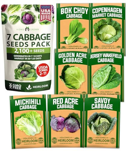 HOME GROWN Cabbage Seeds 7 Variety Mix 2000+ Heirloom Non-GMO, High Germination, Bok Choy, Red & Green Acre, Savoy, Napa Michihili, Copenhagen Market, Jersey Wakefield, Cold Hardy