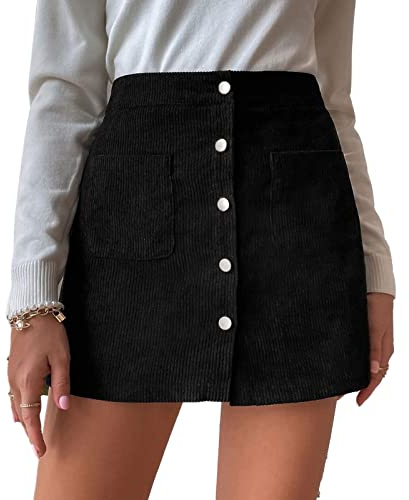 Cocoarm Jupe en velours côtelé pour femme Automne Mini jupe A Line Jupe courte Taille haute Slim Fit Wrap Jupe avec bouton et poches pour l'automne hiver (M-Black)