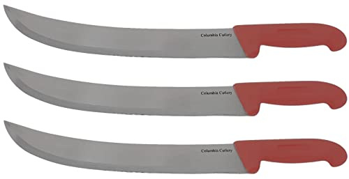 Columbia Cutlery 12 Inch Cimiters - Choose Color and Qty - Professional Curved Restaurant and Butcher Knife for Slicing and Carving Steak, Roasts, and Brisket (3 Pack - Red Cimiter)