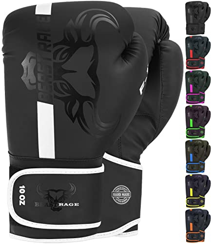 Beast Rage Guantes de Boxeo para Entrenamiento de Sparring Pro Impact Muay Thai MMA Kickboxing Hombres Mujeres Adultos Saco de Boxeo Pesado Almohadillas de Enfoque (Blanco y Negro, 14 oz)