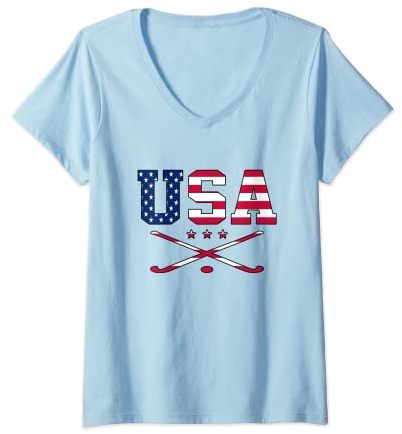 Damen Hockeyschläger, Hockeyschläger, Grafik, USA, Hockey T-Shirt mit V-Ausschnitt