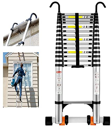 Wolec Telescoping Ladder, 19FT Aluminum Portable Extension Ladder w/Hooks, Stabilizers& Wheels, Heavy Duty 330lbs Max Capacity, Collapsible Telescopic Ladder for Rv, Roof, Attic, Outdoor -Silver