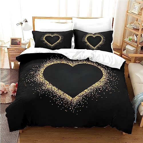 Freyamy 3D Herz Bettwäsche 200x200cm 3teilig Schwarz Gold Herzmotiv Liebe Luxus Bettwaren-Sets Mikrofaser Weiche Kinderbettwäsche Mädchen Bettbezug mit Reißverschluss und 2 Kissenbezug 80x80cm
