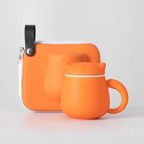 XIUWOUG Ceramic Tea Mug with Infuser and Lid Lucky Cat Design Tea Mug with Lid Novelty Infusion Cup with Filter for Steeping Loose Leaf,Orange
