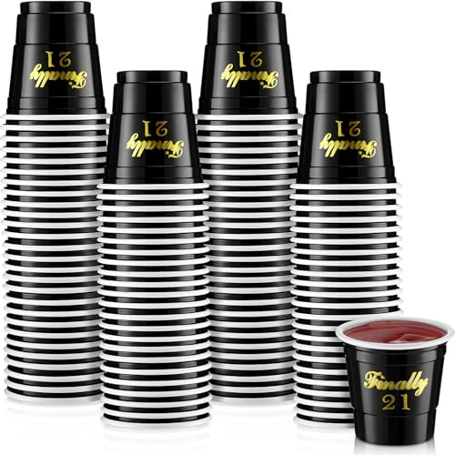 Domensi 100 Pcs Finally 21 Shot Glass Disposable 2 oz Plastic Cups 21st Birthday Party Supplies Twenty One Birthday Cups Decorations for Men and Women 21st Birthday Anniversary (Black,Finally 21)