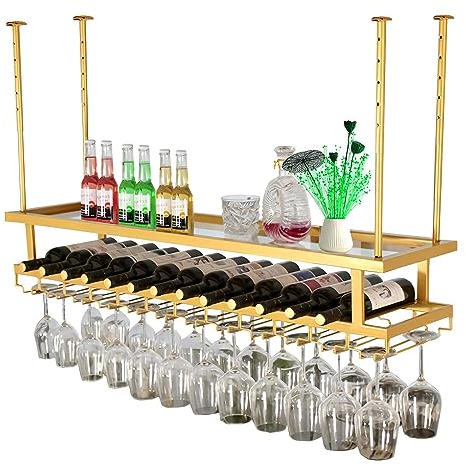 LIGUOYI Stielgläserregal, Weinglashalter Regal Decke, 3 Schichten Metall-Weinglas-Halter Goldene Farbe Breite Und Höhe Verstellbar Weinflaschenregal Und Stemware-Aufhänger, Für Bar Restaurant