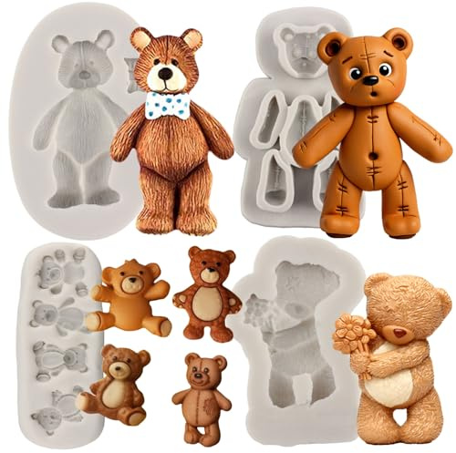 MYPRACS 4 Stück Bär Silikon Fondantformen | Teddybären Schokolade Süßigkeiten Gummipaste Basteln Polymerton Kuchendekoration