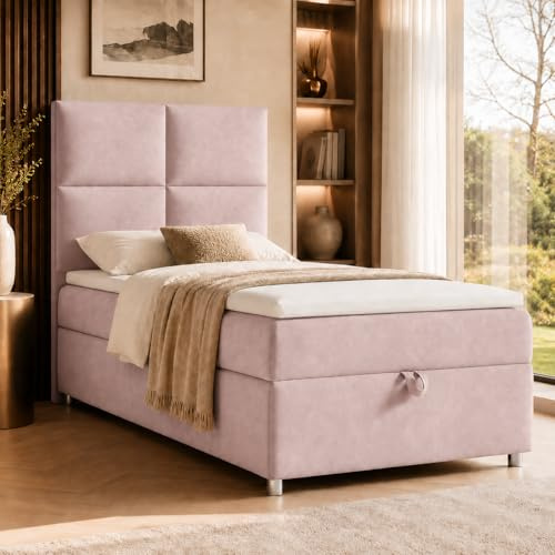 Best For Home Trinity K2 Boxspringbett Single Mit Bonellfederkern, Matratze und Topper - 100x200 Mit Bettkasten, Einzelbett, Polsterbett - Lieferung an die Bordsteinkante
